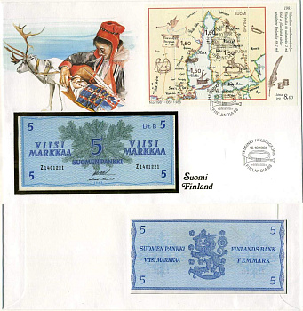 Финляндия 5 марок 1963 LITT B, буклет с марками Pick 99a  бумага  UNC (пресс) 14-01-03-06