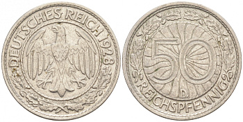 Германия 50 рейхспфеннигов 1928 D KM 49, J.324 никель 73-1536
