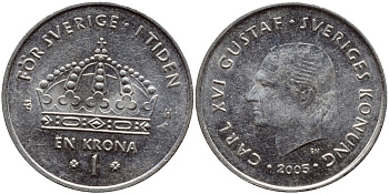 Швеция 1 крона 2005 Карл XVI Густав (1973- ) KM 894 медно-никель 93-241