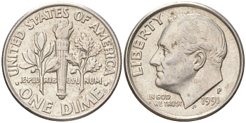 США 10 центов (дайм) 1991 P, Рузвельт KM 195a медь плакированная медно-никелем 4613-825