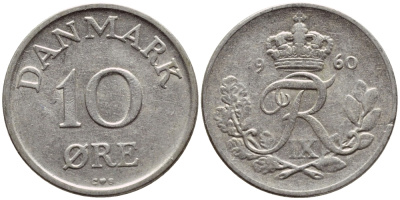 ДАНИЯ 10 ЭРЕ 1958 C; S, ФРЕДЕРИК IX (1947-1972) КМ 841.2 медно-никель 4398-925