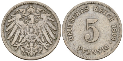 Германия 5 пфеннигов 1899 G J.12, KM 11 медно-никель    4598-1125