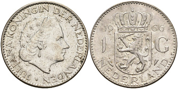 Нидерланды 1 гульден 1966 Юлиана (1948-1980) KM 184 серебро 4126-1141