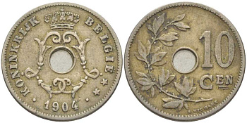 БЕЛЬГИЯ 10 САНТИМОВ 1904 BELGIE, ЛЕОПОЛЬД II (1865-1909) KM 53 медно-никель 119-327