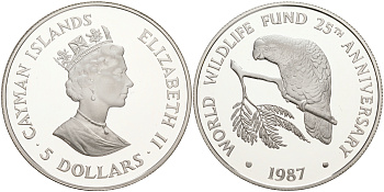 Каймановы острова 5 долларов 1987 серия 25 лет защиты окружающей среды, попугай, Cuban Amzon KM 95 серебро PROOF 02-263-13