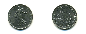 ФРАНЦИЯ 1 ФРАНК 1961 СЕЯТЕЛЬ KM 925.1 никель 83-746