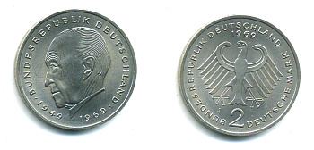 ФРГ 2 МАРКИ 1969 J, КОНРАД АДЕНАУЭР KM 124, J. 406 медно-никель плакированный никелем плакированный никелем UNC 53-1213