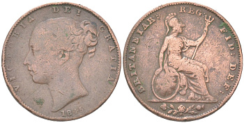 Великобритания 1 фартинг 1845 Виктория (1837-1901) KM 725, Spink 3950 медь 4613-412