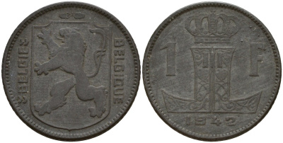 Бельгия 1 франк 1942 Belgique - Belgie, Леопольд III (1934-1947), германская оккупация, Вторая мировая война KM 127 цинк 4161-456