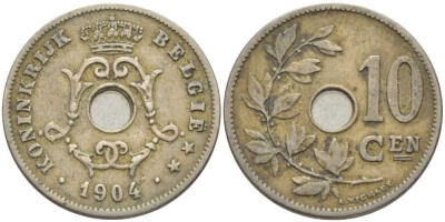 БЕЛЬГИЯ 10 САНТИМОВ 1904 BELGIE, ЛЕОПОЛЬД II (1865-1909) KM 53 медно-никель 119-327
