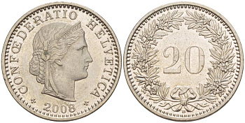 ШВЕЙЦАРИЯ 20 РАППЕНОВ 2008 В KM 29а медно-никель 4544-735