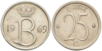 Бельгия 25 сантимов 1969 Belgie, Бодуэн I (1951-1993) KM 154.1 медно-никель 214-148
