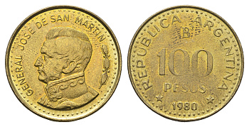 Аргентина 100 песо 1980 KM 85a сталь плакированная латунью aUNC 4663-712