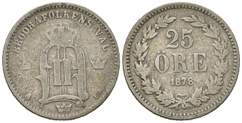 Швеция 25 эре 1878 EB, Оскар II (1872-1907) KM 738 серебро 44-114