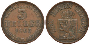 Гессен-Кассель 3 геллера 1863 KM 612 медь 186-554