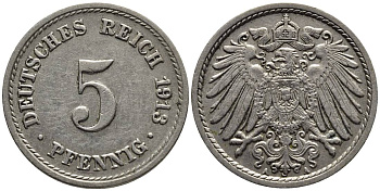 ГЕРМАНИЯ 5 ПФЕННИГОВ 1913 A KM 11, Jager 12, Weege 6 медно-никель 4547-534
