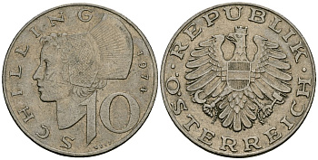 Австрия 10 шиллингов 1974 KM 2918 медно-никель 4167-452