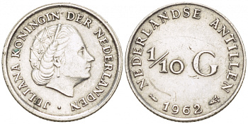 Нидерландские Антилы 1/10 гульдена 1962 Юлиана (1948-1980) KM 3 серебро 112-1057