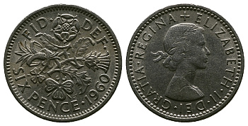 Великобритания 6 пенсов 1960 Елизавета II (1952-2022) KM 903, Spink 4149 медно-никель 4381-727