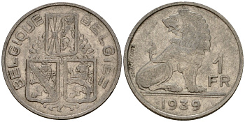 Бельгия 1 франк 1939 Belgique - Belgie KM 119 никель 4603-1222