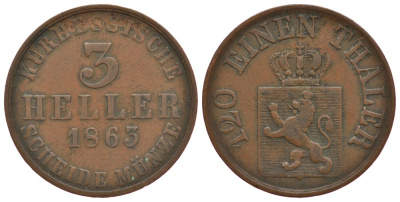 Гессен-Кассель 3 геллера 1863 KM 612 медь 186-554