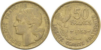 ФРАНЦИЯ 50 ФРАНКОВ 1953 ПЕТУХ KM 918.1, LE FRANC 425.10 алюминиевая бронза 111-1023