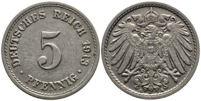 ГЕРМАНИЯ 5 ПФЕННИГОВ 1913 A KM 11, Jager 12, Weege 6 медно-никель 4547-534
