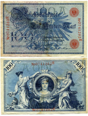 ГЕРМАНИЯ 100 МАРОК 1908 7 ФЕВРАЛЯ 1908, КРАСНАЯ ПЕЧАТЬ, ДЛИННА НОМЕРА СЕРИИ 29 ММ. Pick 33а бумага 2192-79-2