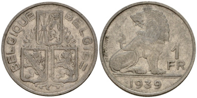 Бельгия 1 франк 1939 Belgique - Belgie KM 119 никель 4603-1222