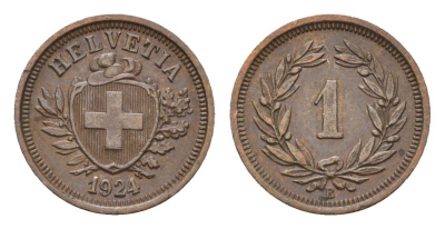 Швейцария 1 раппен 1924 B KM 3.2 бронза 1529-844