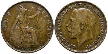 Великобритания 1 пенни 1921 Георг V (1910-1936) KM 810, Spink 4051 бронза 37-434
