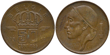 БЕЛЬГИЯ 50 САНТИМОВ 1953 BELGIE, БОДУЭН I (1951-1993) KM 145 бронза 4532-1034