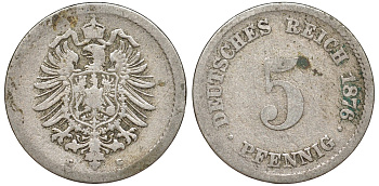 Германия 5 пфеннигов 1876 G, старогербовка KM 3, J. 3 медно-никель 51-3816