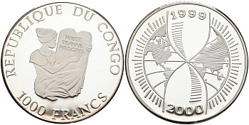 Конго 1000 франков 2000 миллениум, переход в новое тысячелетие (1999-2000) серебро PROOF 04-319-45