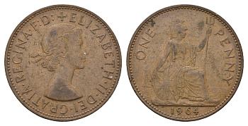 Великобритания 1 пенни 1964 Елизавета II (1952-2022) KM 897, Spink 4157 бронза 221-922