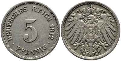 ГЕРМАНИЯ 5 ПФЕННИГОВ 1912 G KM 11, Jager 12, Weege 6 медно-никель 4547-533