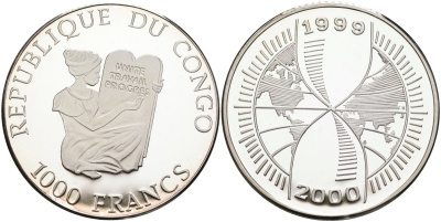 Конго 1000 франков 2000 миллениум, переход в новое тысячелетие (1999-2000) серебро PROOF 04-319-45