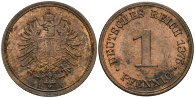 Германия 1 пфенниг 1875 A, Вильгельм I (1871-1888) KM 1, J. 1 медь 1524-211
