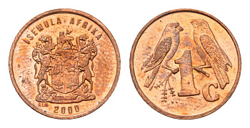 ЮАР 1 цент 2000 герб, капские воробьи KM 170 сталь плакированная медью UNC 4694-142