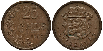 Люксембург 25 сантимов 1947 Шарлотта (1918-1964) KM 45 бронза 4538-842