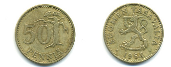 ФИНЛЯНДИЯ 50 ПЕННИ 1964 S KM 48 алюминиевая бронза 80-441