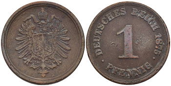 ГЕРМАНИЯ 1 ПФЕННИГ 1875 A, СТАРОГЕРБОВКА KM 1 , J. 1 медь 100-269