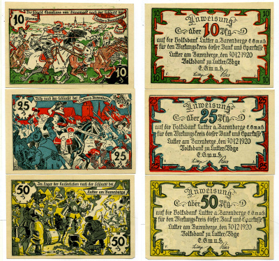 ЛУТТЕР-ам-БАРЕНБЕРГЕ ЛОТ ИЗ 3 БАНКНОТ 1921 30 ДЕКАБРЯ 1920, НОТГЕЛЬД (10, 25, 50 ПФЕННИГОВ), ЗХЕМЛЯ НИЖНЯЯ САКСОНИЯ Grabowski 847.1 бумага 2193-5-1-2