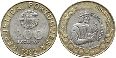 Португалия 200 эскудо 1992 Гарсия Де Орта (1501-1568) KM 655 биметалл 4394-823