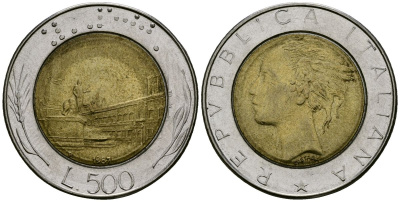 Италия 500 лир 1987 R, Квиринальский дворец в Риме KM 111 биметалл 4138-641