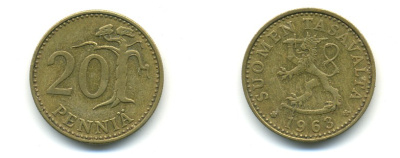 ФИНЛЯНДИЯ 20 ПЕННИ 1963 KM 47 алюминиевая бронза 4364-116
