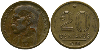 Бразилия 20 сентаво 1953 Руй Барбоза ди Оливейра KM 562, Schon 67 алюминиевая бронза 4567-926