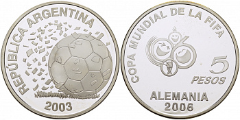 Аргентина 5 песо 2003 чемпионат мира по футболу в Германии 2006 FIFA KM 143 серебро PROOF 1077-4-11