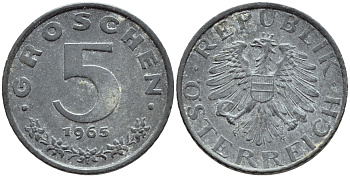 Австрия 5 грошей 1965 KM 2875 цинк 46-843