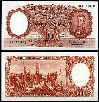 Аргентина 100 песо ND (1954-1968) Генерал Сан Мартин, картина "Основание Буэнос-Айреса" Pick 272 (7)  бумага  UNC (пресс) 444-132-3-2